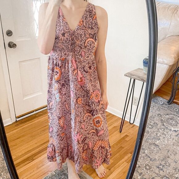 Madewell Bali Blooms Lace-Up Ruffle Hem Midi Dress 8 - Picture 1 of 8